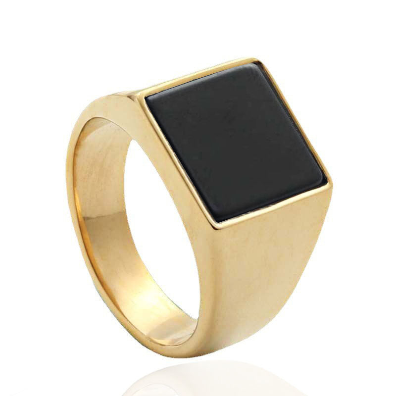 Men's Retro Titanium Steel Black Gemstone Square Ring - Trendy Epoxy Design, Available in Sizes 7-13