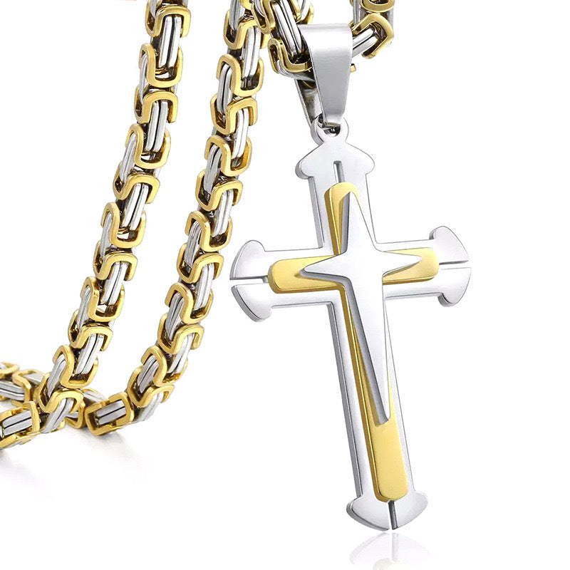 Planderful Everyday Genie Three Layer Cross Necklace Stainless Steel Chain Trendy Mens Fashion Jewelry