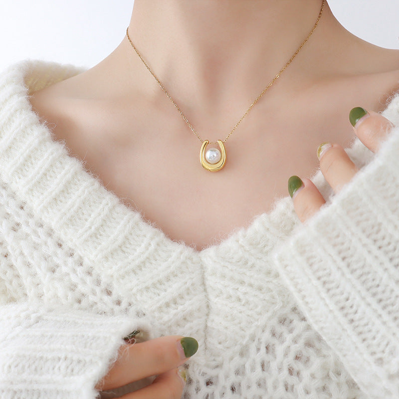 Golden French Pearl Pendant Necklace in U-Shape Design