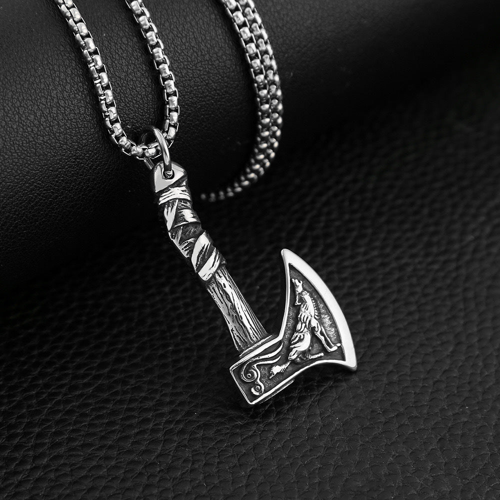 Planderful Collection Viking Pirate Celtic Wolf Axe Necklace For Men Premium Titanium Steel Pendant Gift For Him