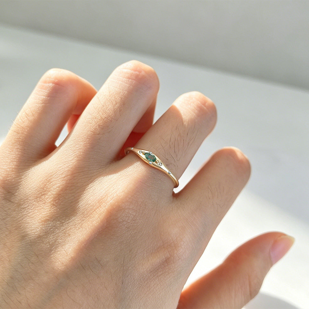 S925 Pure Silver-Green Moss Stone Ring, Fresh Aquatic Agate Finger Ring,