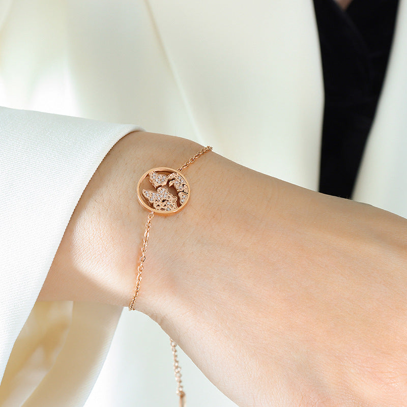 French Elegance Jewelry Set with Zircon Map Necklace, Rose Gold Finish - Ideal for Valentine's Day Gift