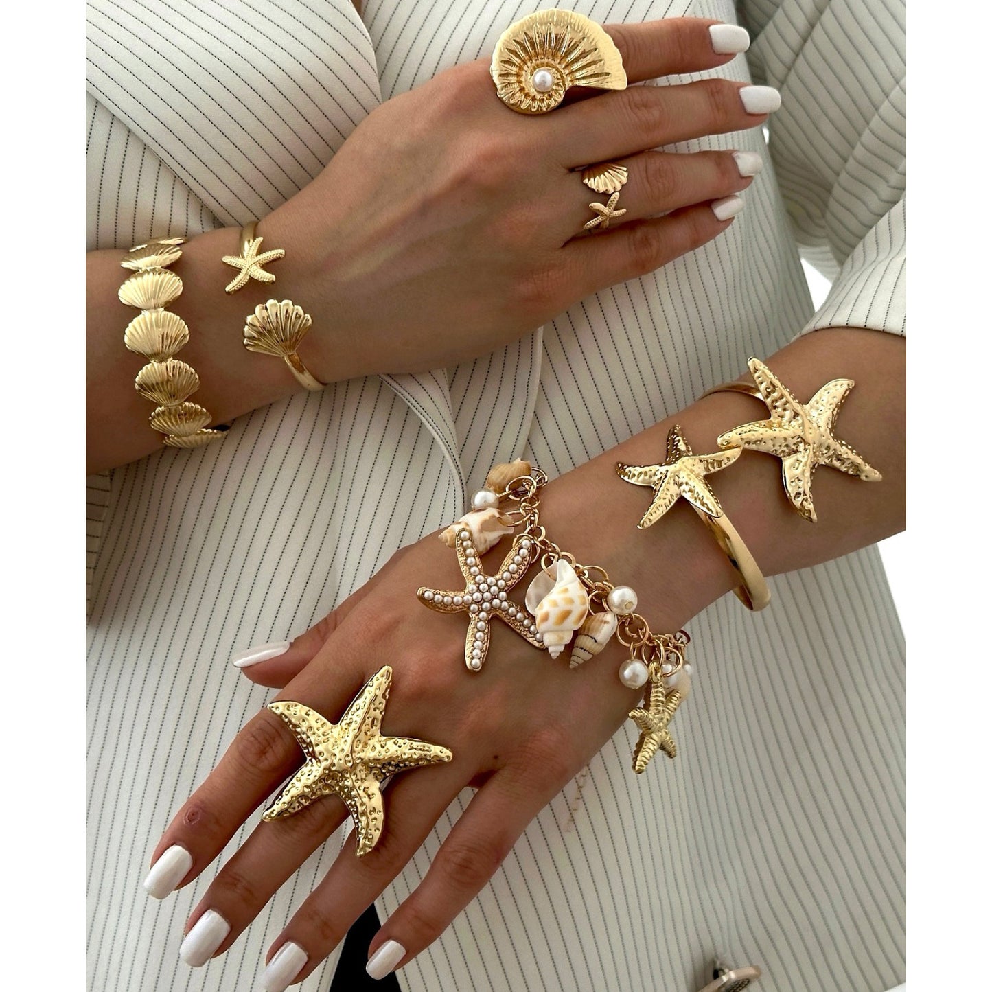 Planderful Vienna Verve Ring – Adjustable Beach-Inspired Design with Starfish and Pearl Accents