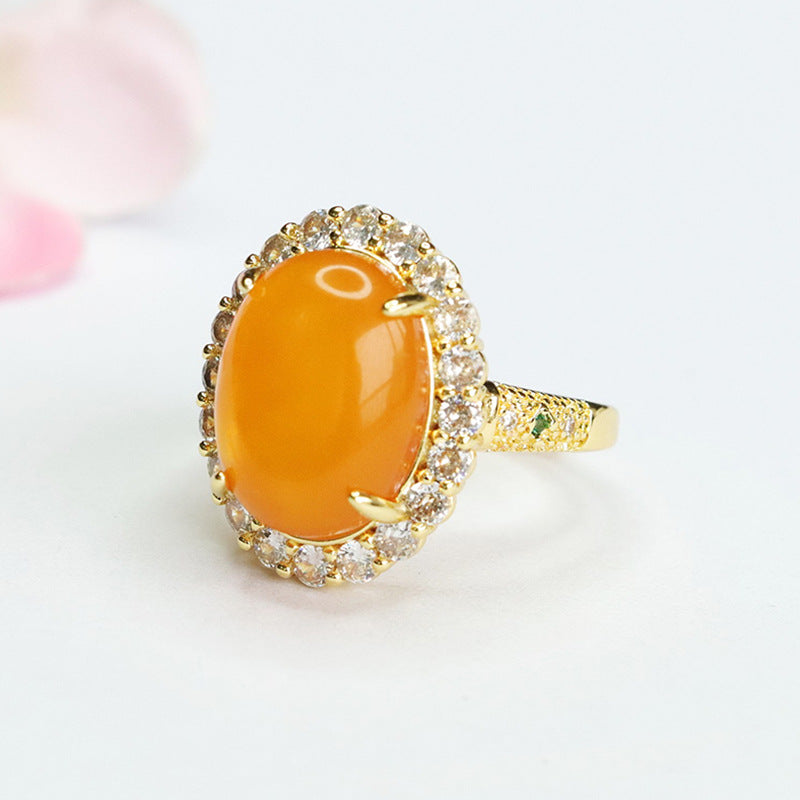 Luxurious Beeswax Amber Sterling Silver Ring with Zircon Halo