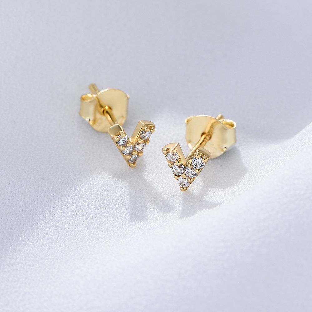 S925 Sterling Silver Zircon English Letter Stud Earrings Geometric Small Mini Earrings Ear