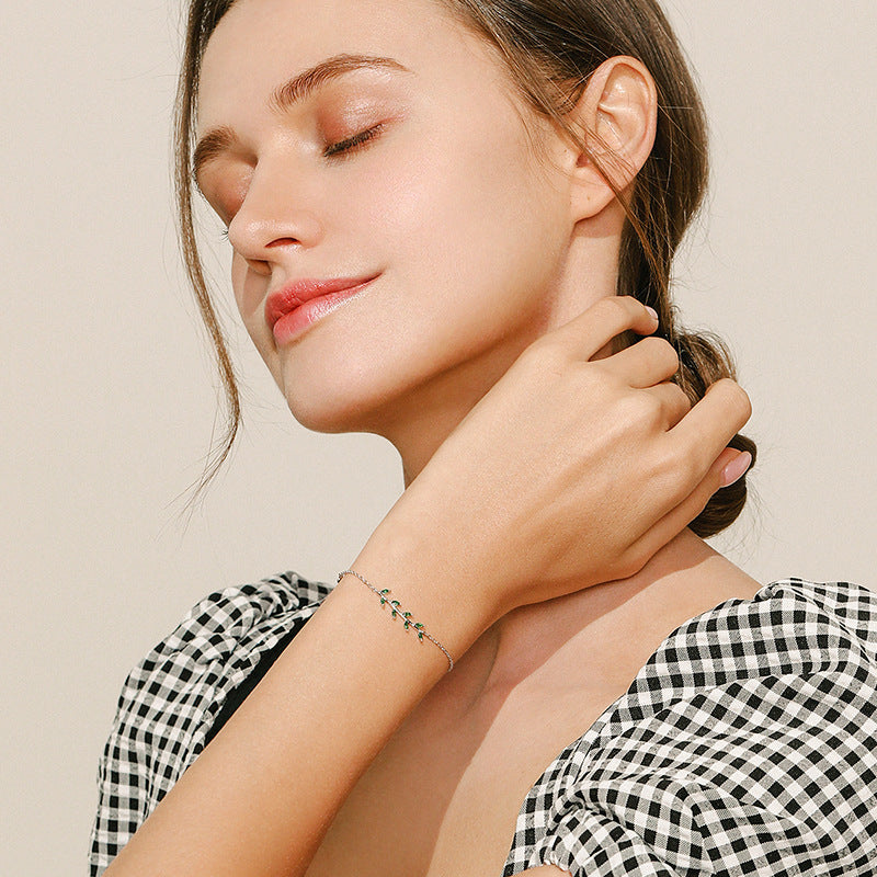 Everyday Genie Sterling Silver Green Leaf Bracelet with Zircon Gem