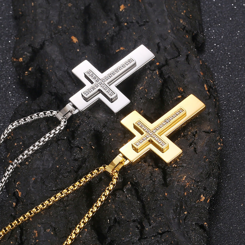 Popular, Cnc Zircon Double-Layer Cross Square Pearl Men's Stainless Steel Necklace