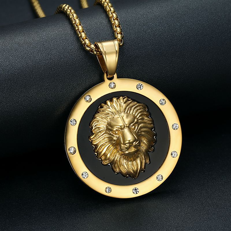 Planderful Lion Head Pendant Necklace Stainless Steel Gold Plated Rhinestone Hip Hop Jewelry For Men And Women