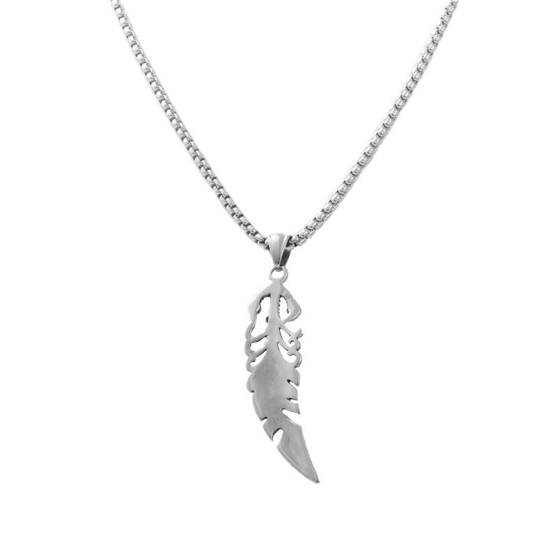 Personalized Retro Titanium Steel Feather Pendant Necklace with Red Stone for Men