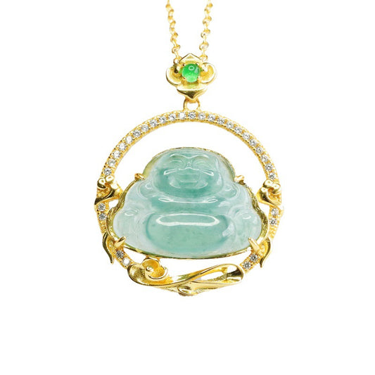 Buddha Hollow Circle Sterling Silver Jade Pendant Necklace