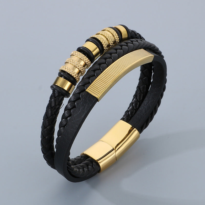Planderful Mens Multi Layer Leather Magnetic Bracelet