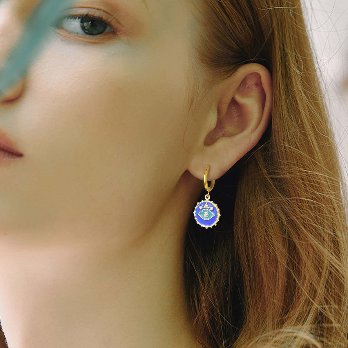 Blue Enamel Evil Eye Charm Hoop Earring