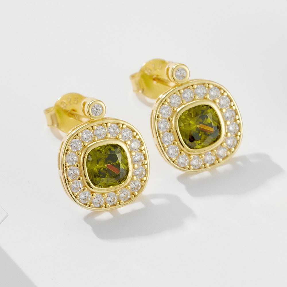 S925 Sterling Silver Retro Court Olive Green Zircon Stud Earrings Geometric Oval Inlaid