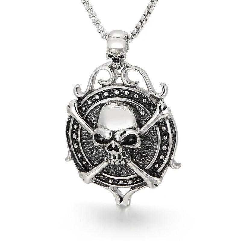 Men's Exaggerated Pirate Skull Pendant in Stainless Steel with Sheep Horn Design