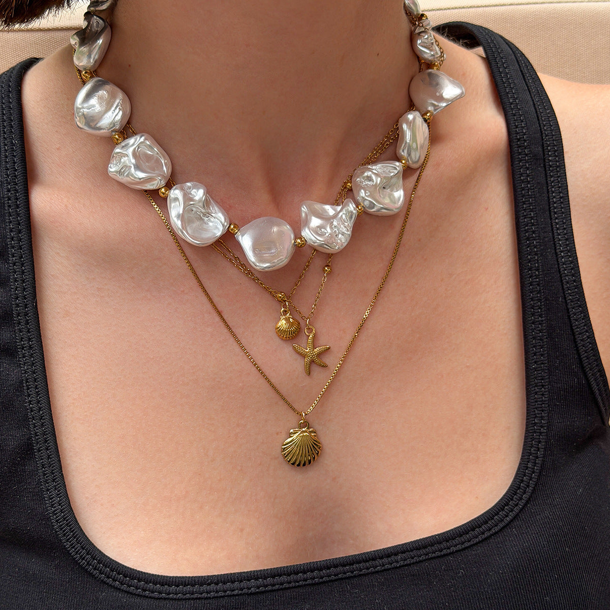 Ocean Special-Shaped Pearl Shell Beaded Necklace Starfish Stacked With Stainless Steel Thin