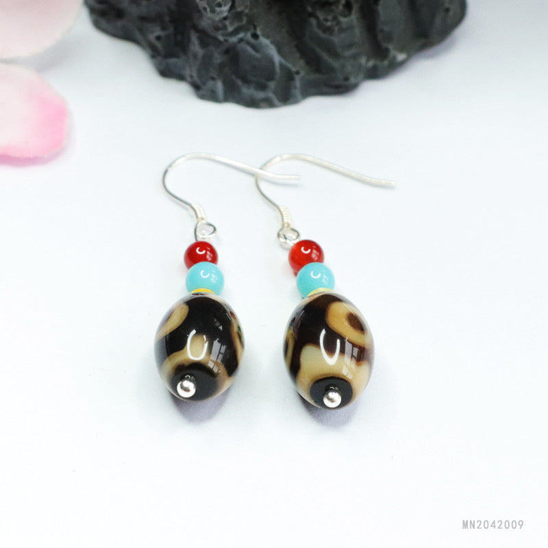 Three-Eye Dzi Agate Barrel Bead Hook Earrings