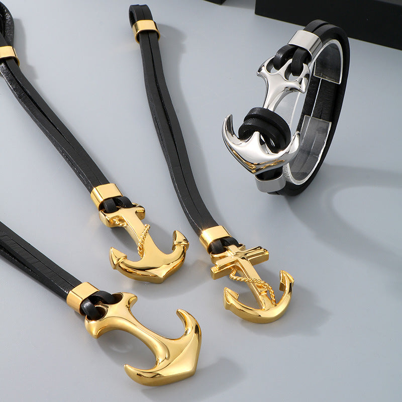 Planderful Men Pirate Durable Steel Cowhide Anchor Bracelet