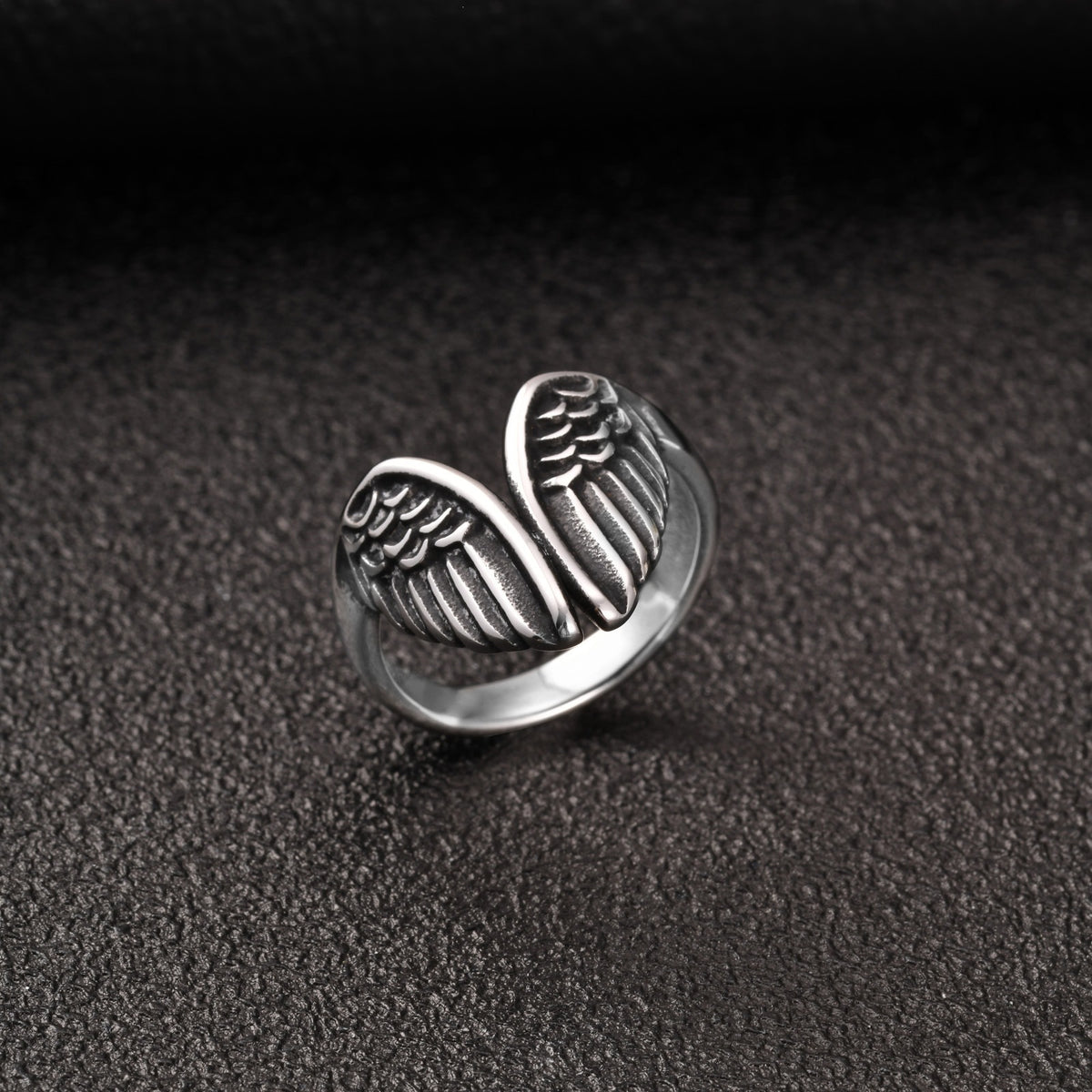 Stainless Steel Men's Street Dark Locomotive Daily Stacked Open Angel Wing Ring