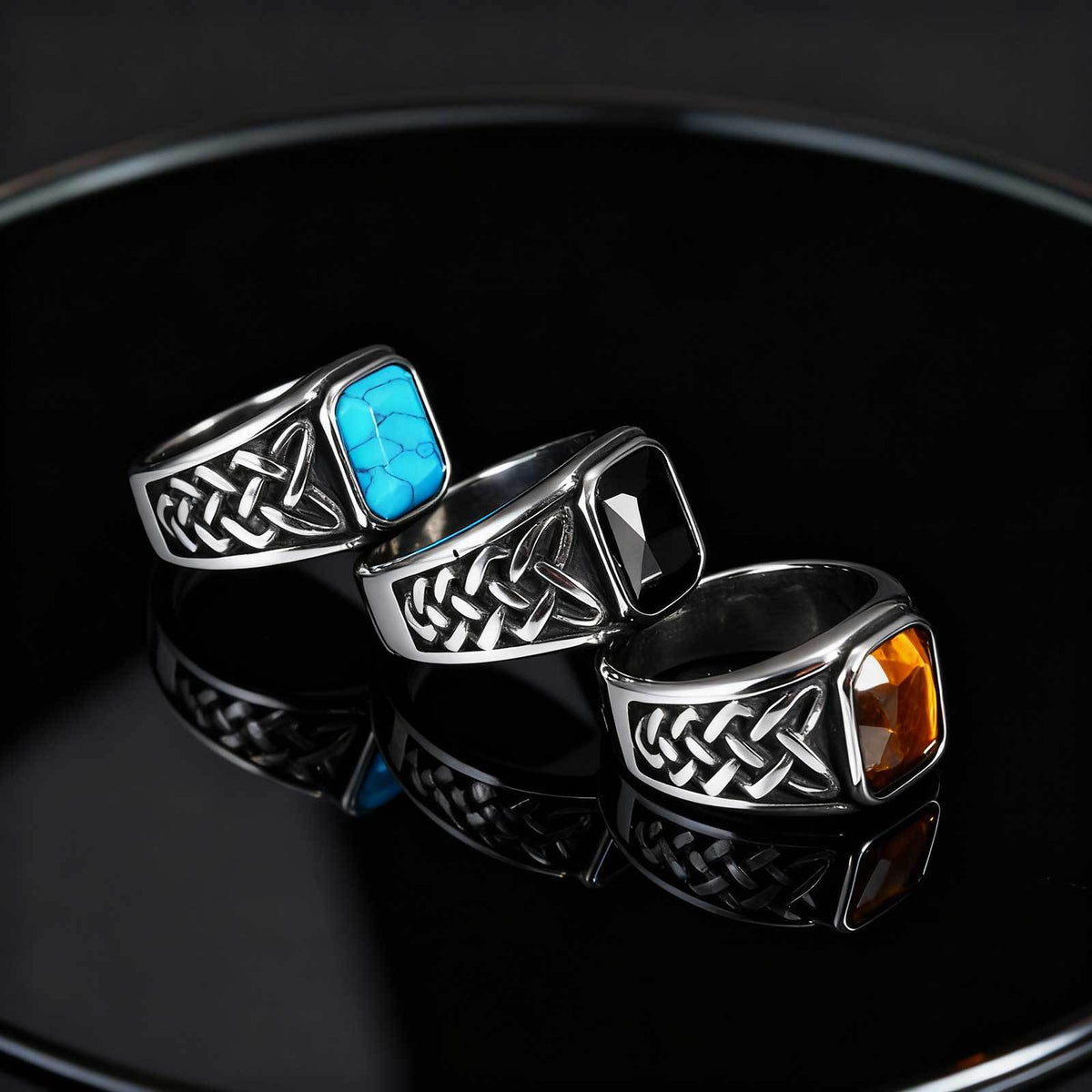 Stainless Steel Men's Finger Wrench Square Turquoise Natural Tiger's Eye Celtic Knot Ring