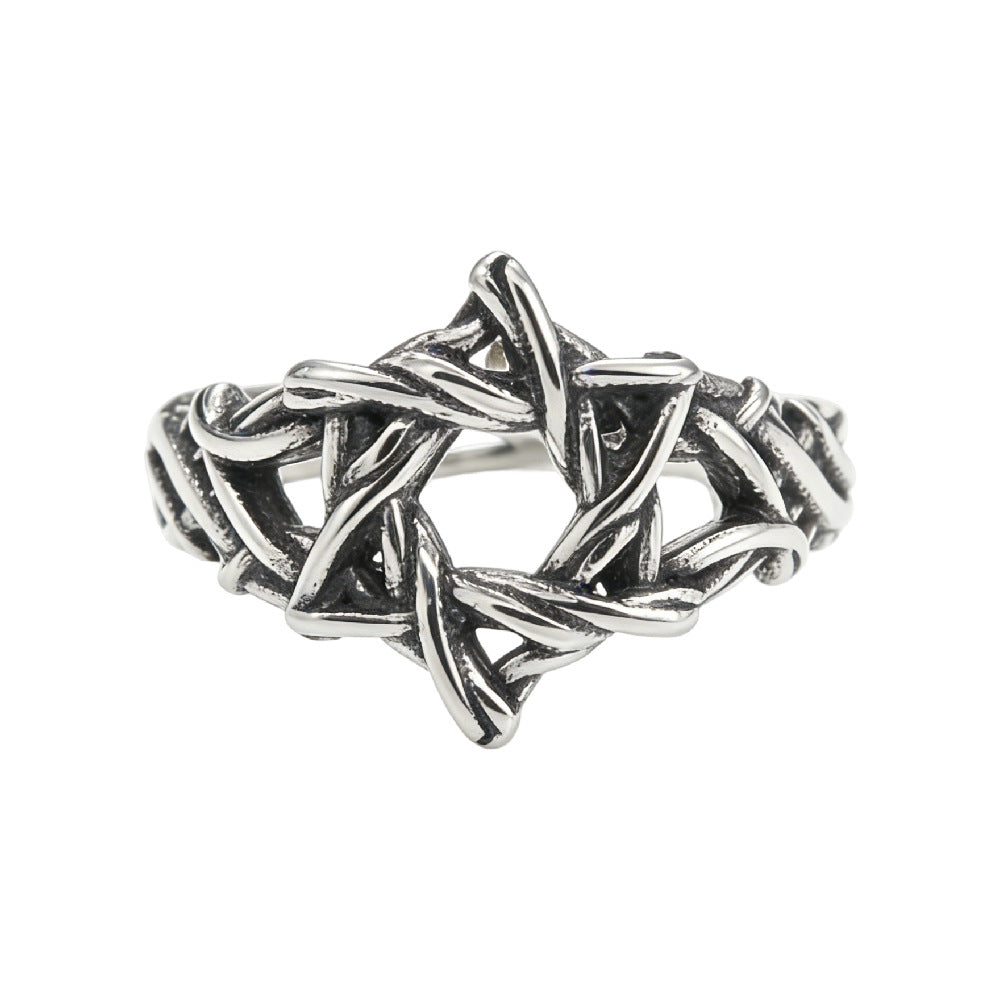 Planderful Titanium Steel Ring Unisex Hexagram Retro Woven Design Statement Of Protection