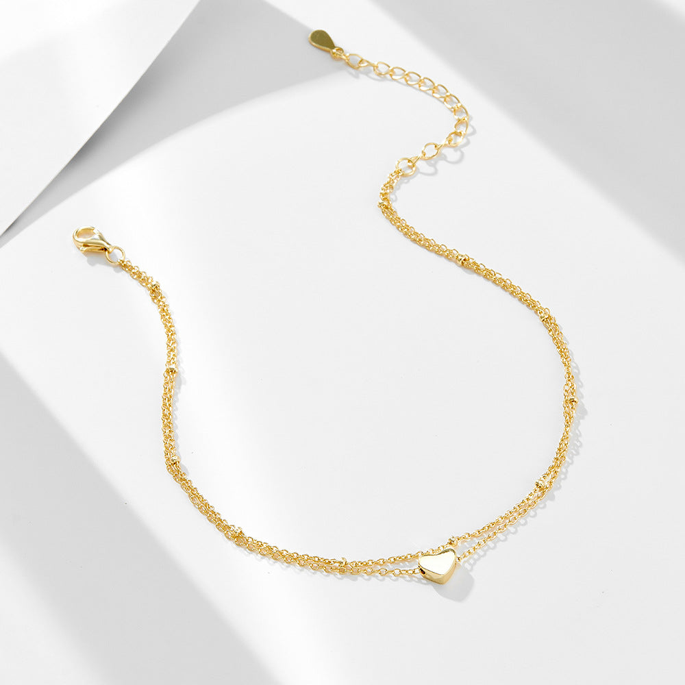 S925 Sterling Silver Double Chain Heart Pendant Anklet Gold-Plated Love Foot Bracelet
