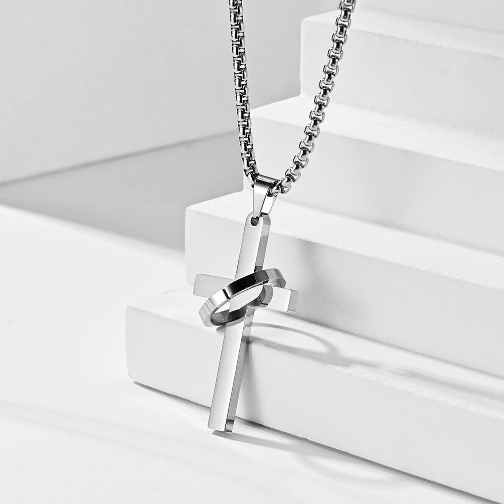 Planderful Titanium Steel Cross Necklace For Men Trendy Hip Hop Pendant With Glossy Ring Personalized Jewelry