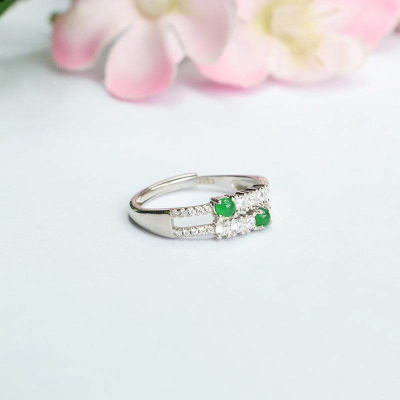 Sterling Silver Adjustable Ice Emperor Green Jade Zircon Ring
