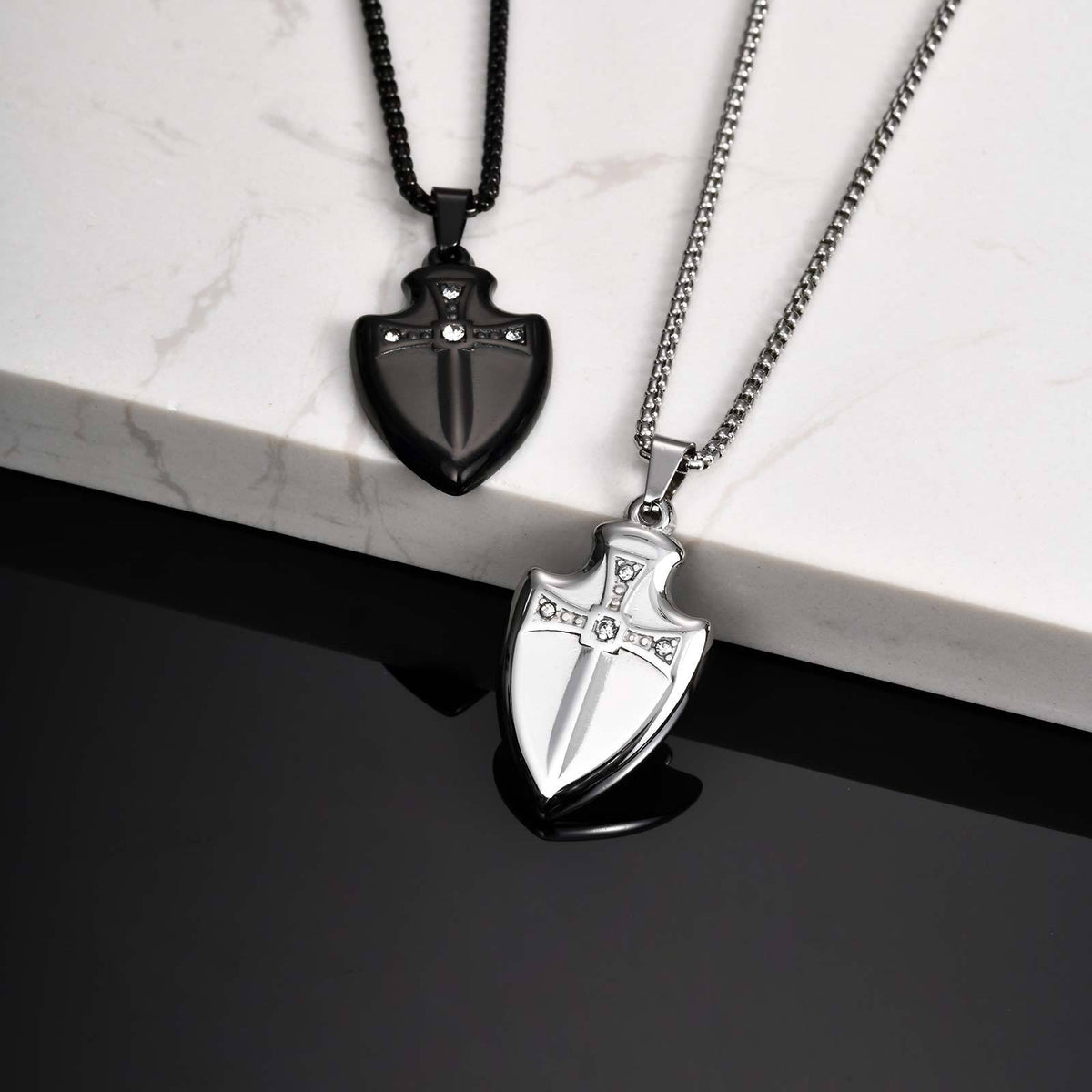 Zircon Cross Shield Pendant — Chain Optional