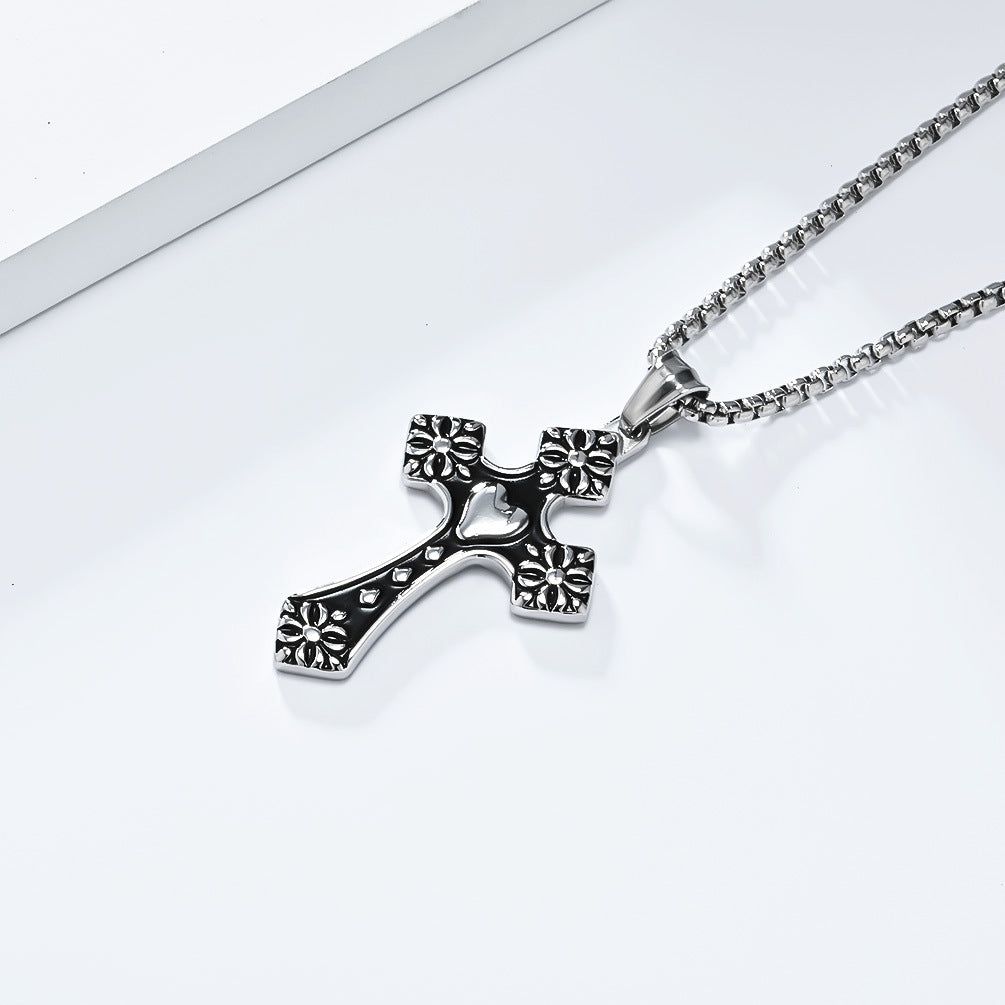 Cross-Border Retro Love-Shaped Cross Necklace Stainless Steel Quality Men's Pendant Wholesale Jewelry