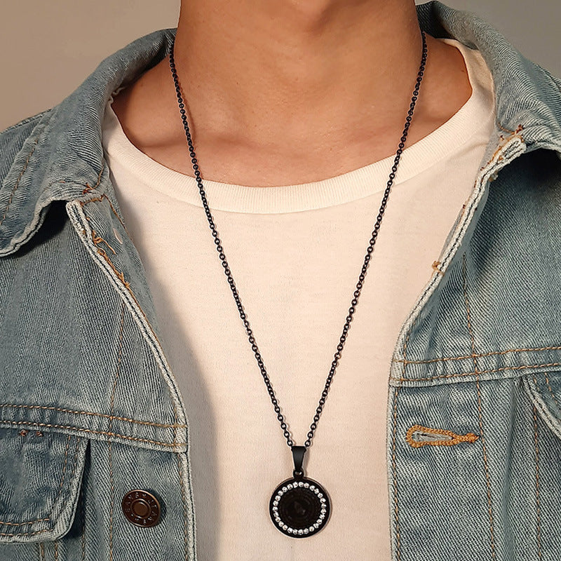 Stainless Steel Round Brand Pendant Necklace With Zircon