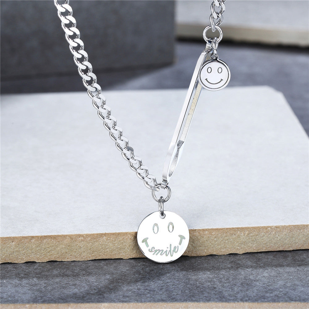 Planderful Titanium Steel Necklace Unisex Minimalist Collarbone Chain With Smiley Pendant And Protection Statement