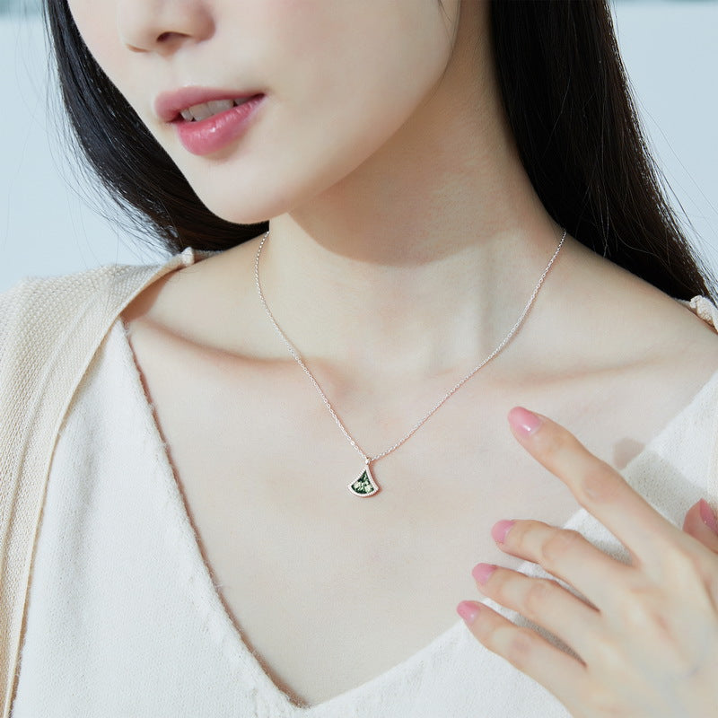 S925 Sterling Silver Moss Agate Ginkgo Leaf Pendant Necklace