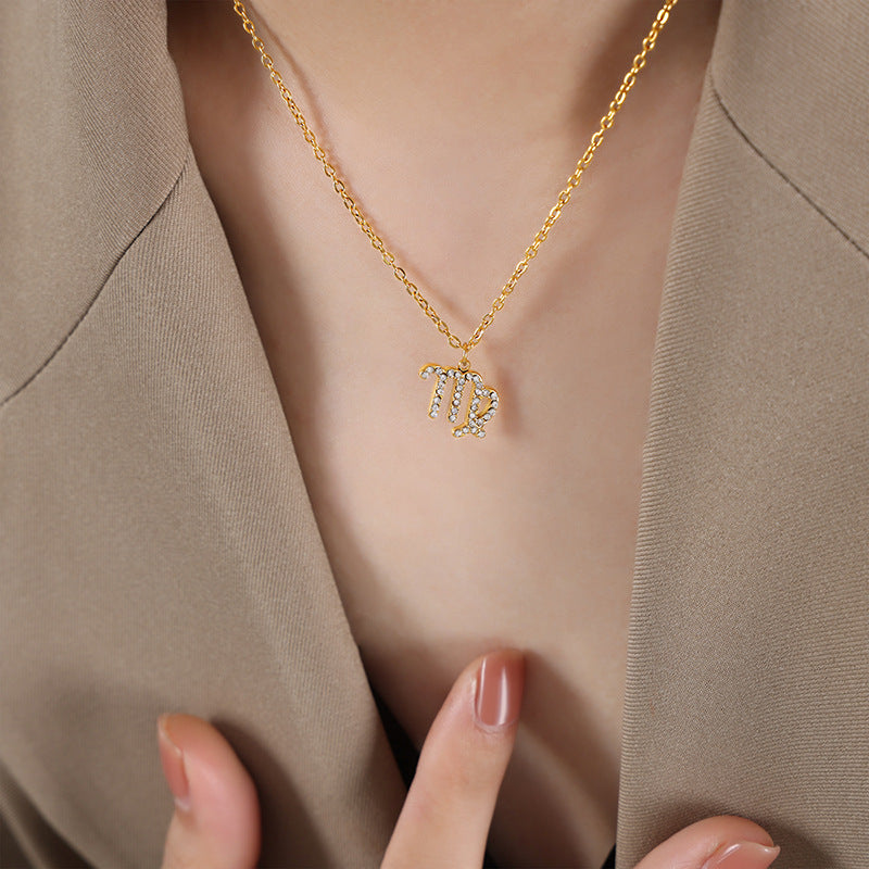 Golden Zodiac Rhinestone Pendant Necklace - Wholesale Fashion Jewelry