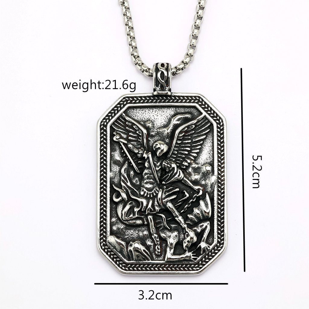 Vintage St. Michael Angel Stainless Steel Men's Pendant Necklace