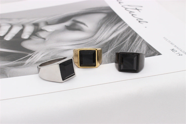 Planderful Titanium Steel Ring For Men Unisex Square Black Glass Modern Statement Jewelry