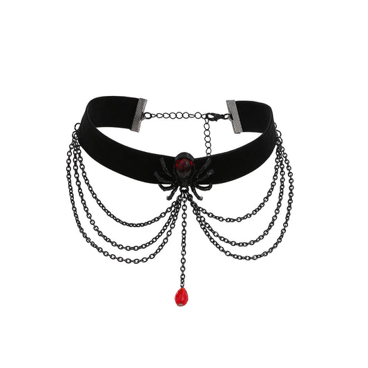 Ruby Spider Gothic Charm Choker Necklace with Blood Drop Tassels