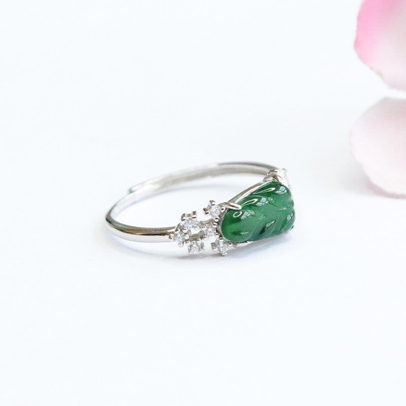 Ice Emperor Green Jade Leaf Sterling Silver Ring