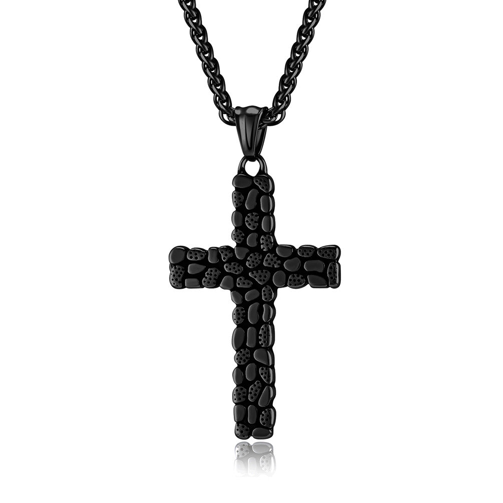 Cross-Border European And American Retro Pebble Titanium Steel Cross Necklace For Men