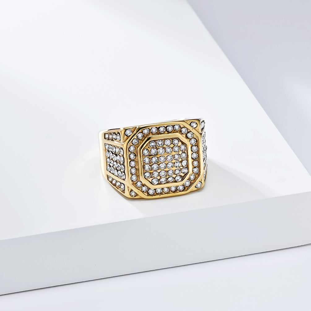 Planderful Hip Hop Ring For Men Titanium Steel Gold Plated Zircon Inlay Jewelry Premium