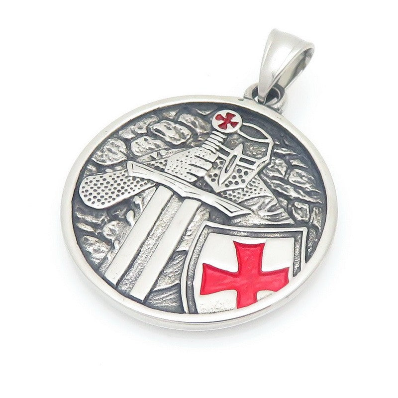 Templars Red Cross Jewelry, Viking Battleship Tomahawk Crow Odin Titanium Steel Men's Pendant Necklace