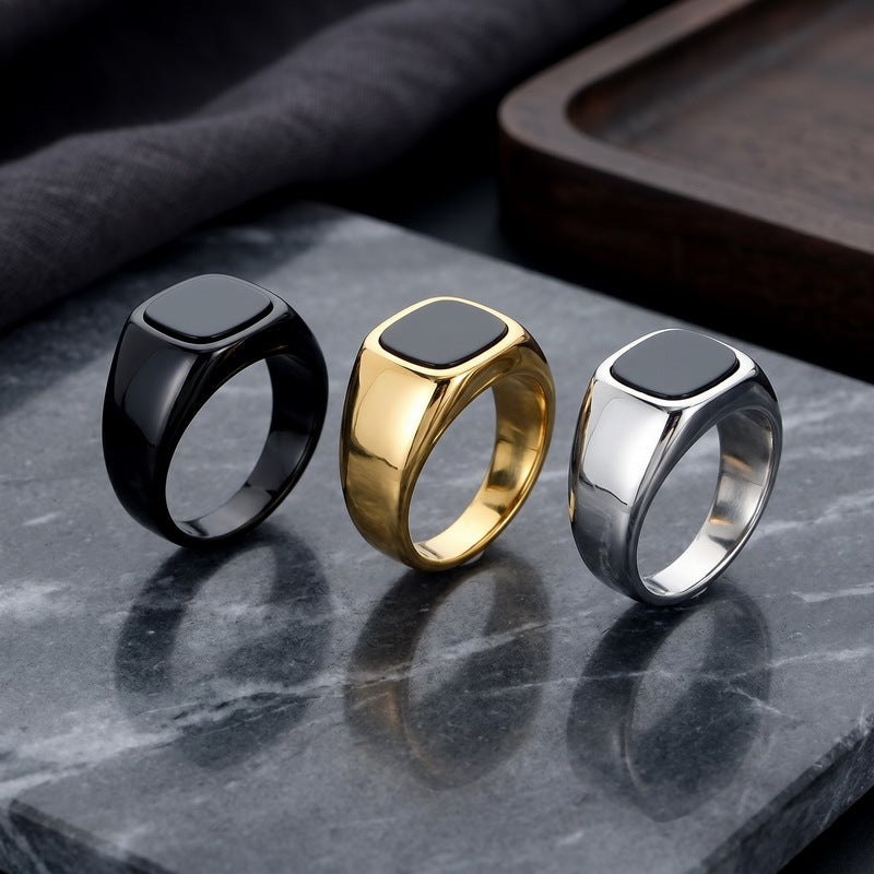 Cold Smooth Stainless Steel Ring, Square Black Stone Titanium Steel Men's