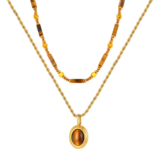 Stainless Steel Stacked Bead Spacer Rectangular Natural Tiger Eye Beaded Twist Chain Oval Necklace