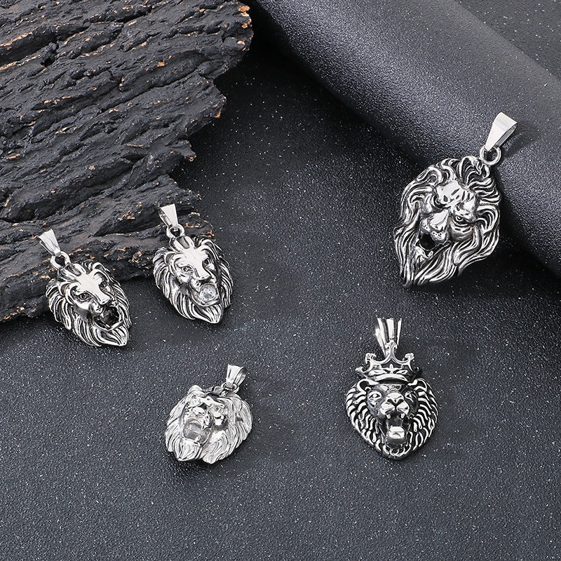 Planderful Lion Head Zircon Pendant Steel Mens Necklace