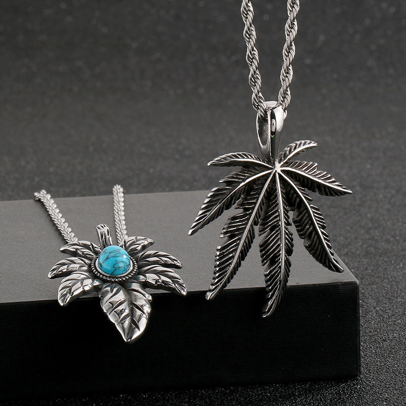 Vintage Plant Maple Leaf Straight Batch, Punk Stainless Steel Turquoise Leaf Men's Pendant Necklace