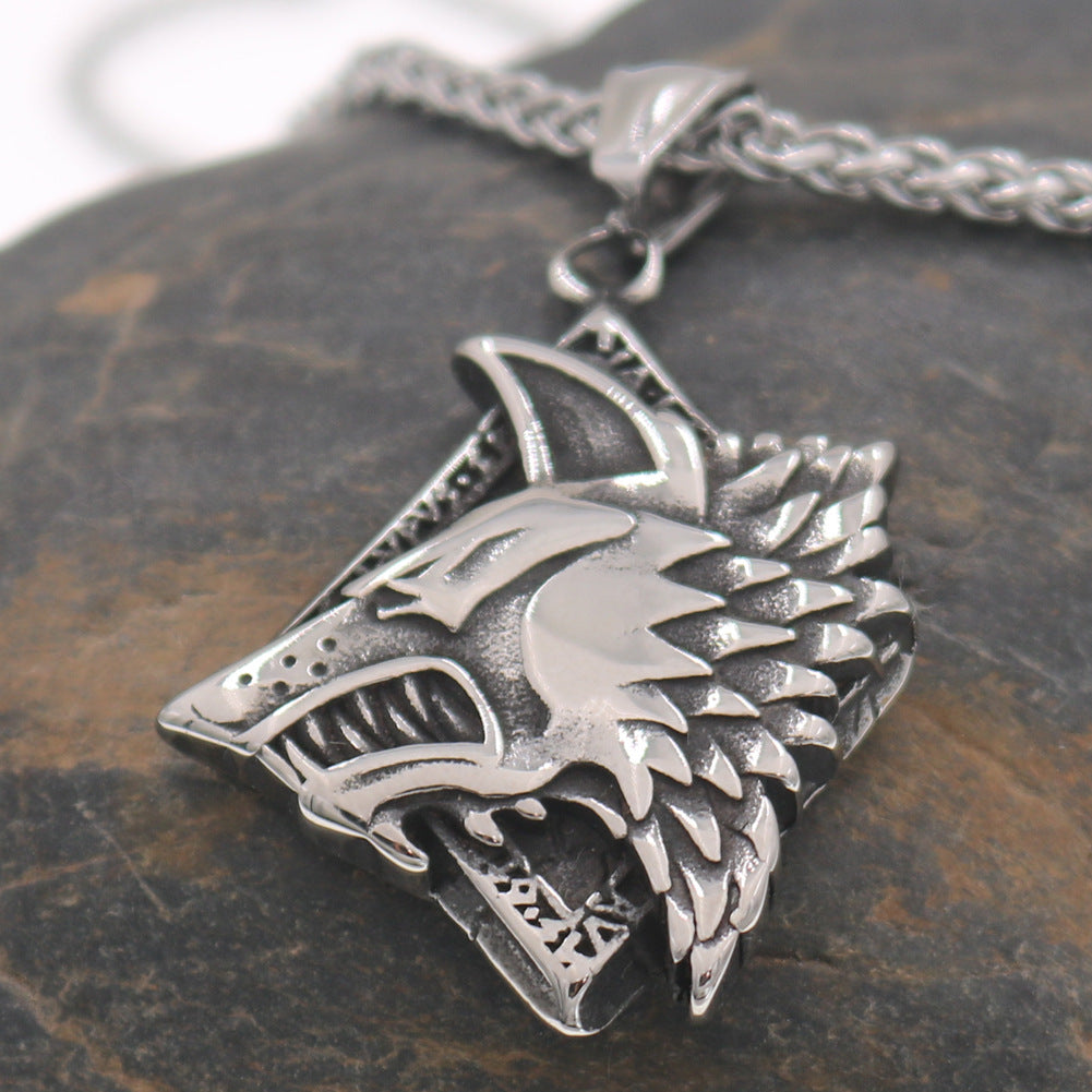 Viking Odin Wolf Head Stainless Steel Pendant Necklace with Titanium Steel Chain