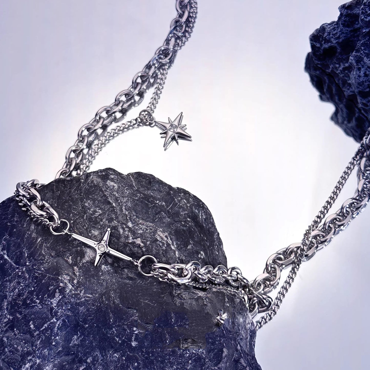 Planderful Jewelry Titanium Steel Double Chain Necklace With Cross And Star Pendant