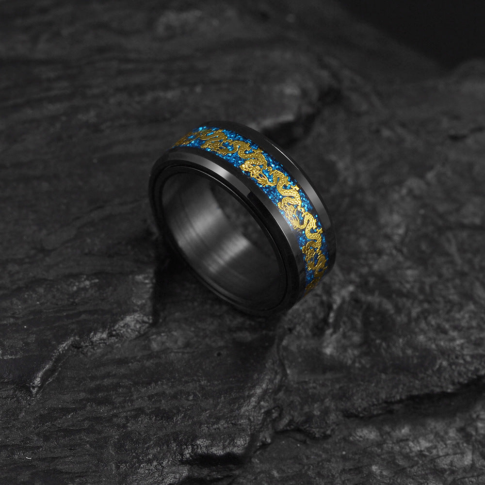 Rotating Chinese Dragon Decompression Ring - Black Plated Titanium Steel Jewelry 8mm Wide - Men's Fashion Piece