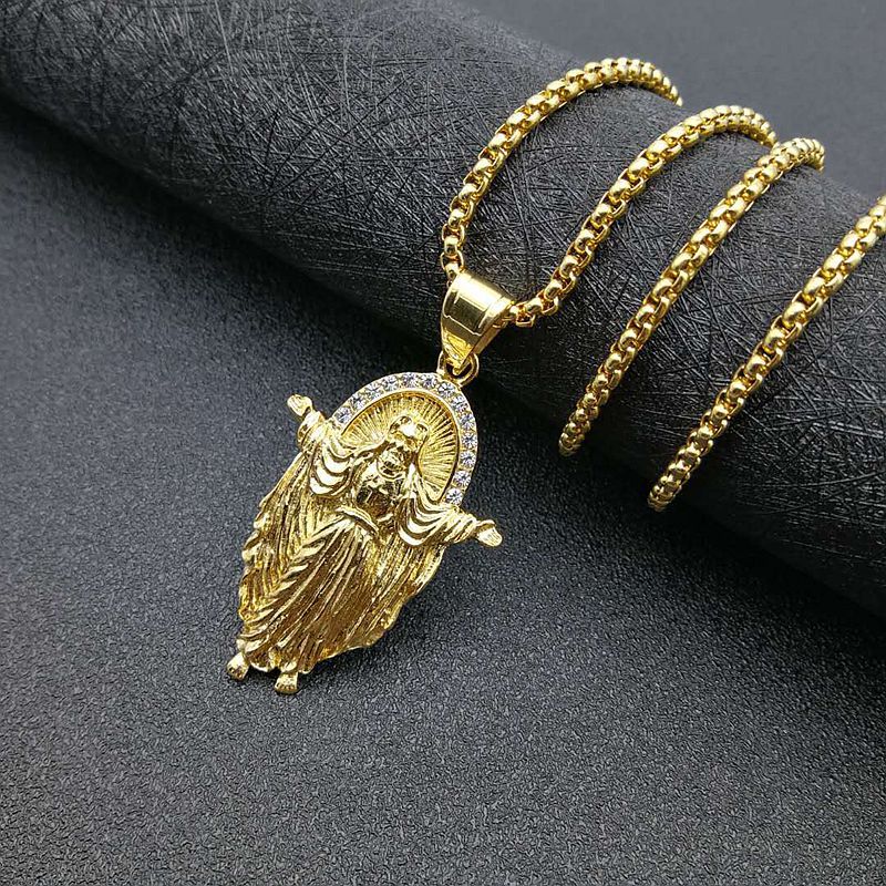 Planderful Stainless Steel Gold Plated Jesus Pendant Necklace with Zircon Elegant Christian Jewelry for Believers