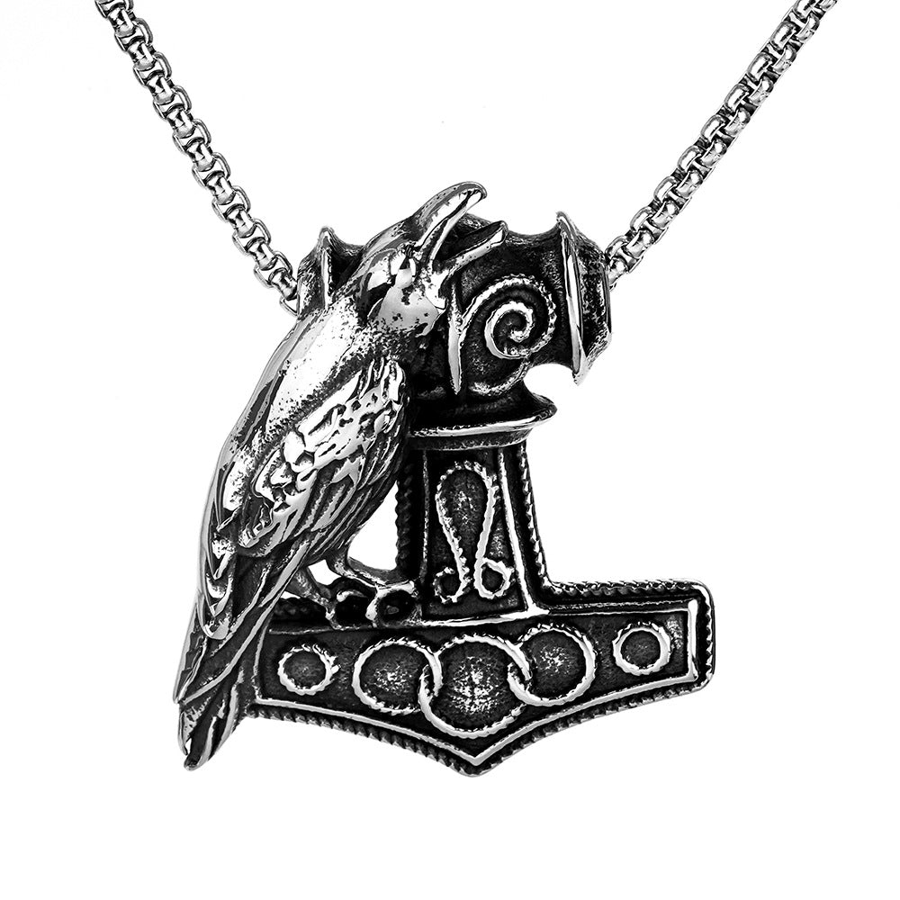 Vintage Stainless Steel Men's Viking Raven Thor Hammer Necklace