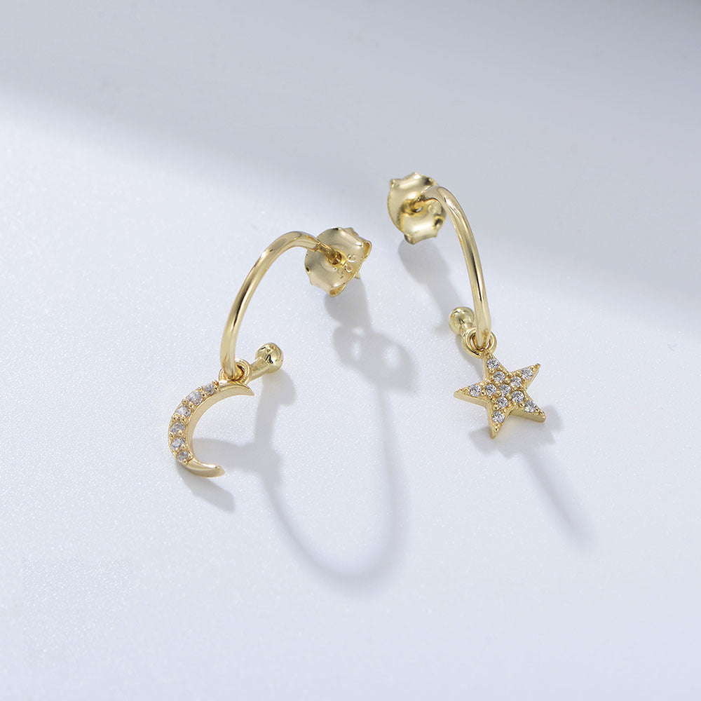 Moon And Stars Asymmetric Stud Earrings, Niche Design Zircon Sterling Silver Earrings